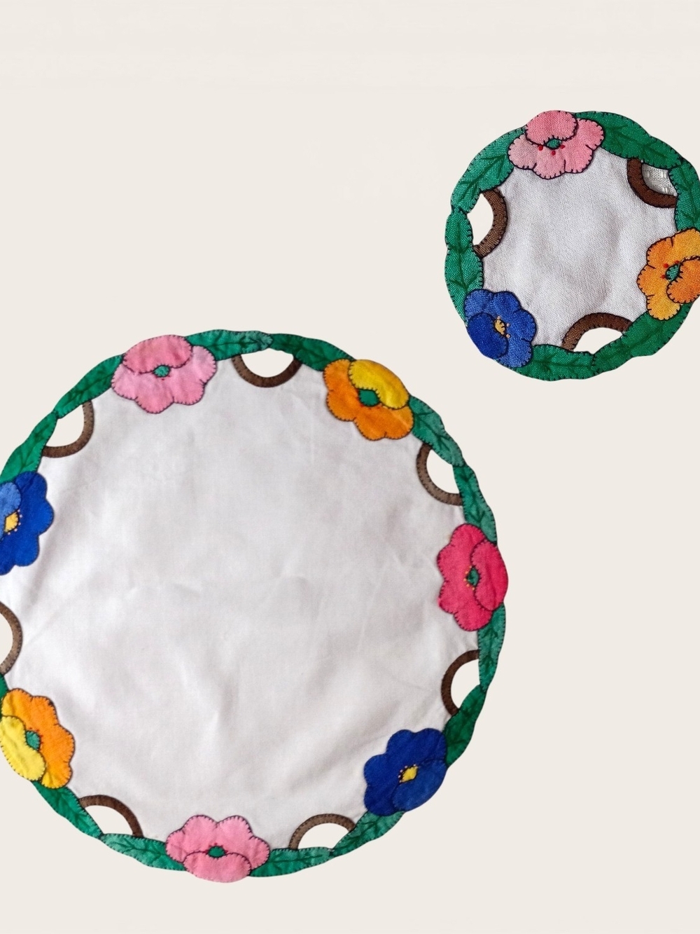 Vintage Floral Embroidered Charger and Coaster Set of 4